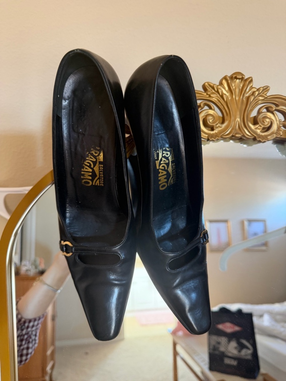 Salvatore Ferragamo Black Leather Pointed-Toe Pumps with Gold Accent